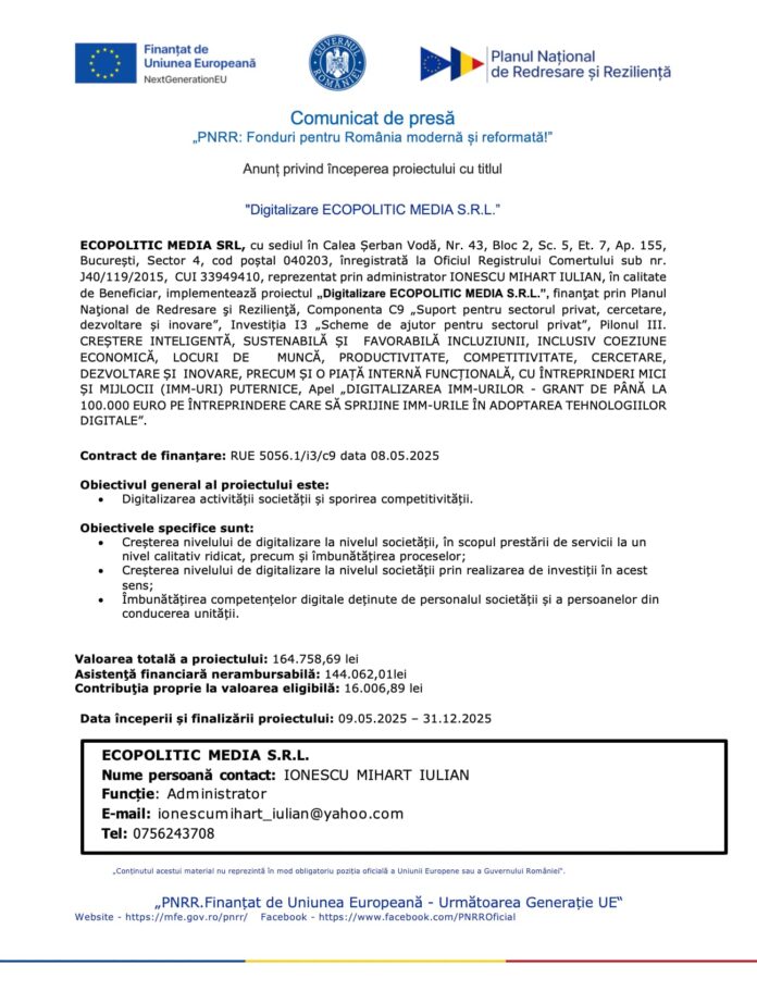 Comunicat de Presa PNRR : Digitalizare ECOPOLITIC MEDIA S.R.L.